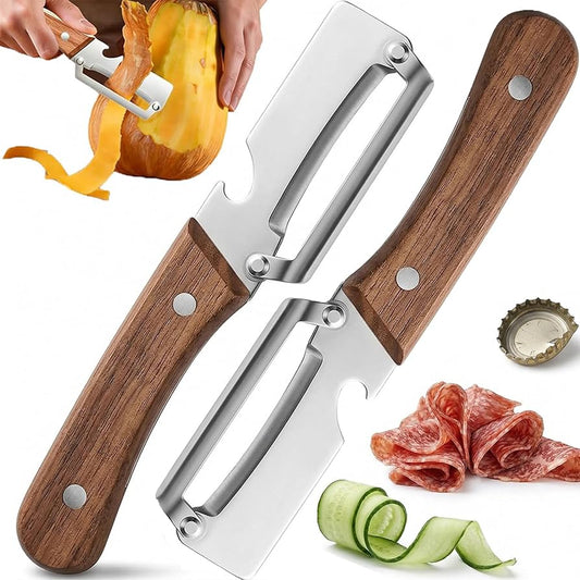 3-in-1 stainless steel handheld peeler with non-slip wooden handle