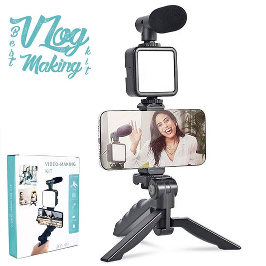 AY-49 Vlogging Kit with Tripod, Microphone and LED Light
