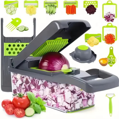 All-in-one food chopper with transparent container showing freshly chopped vegetables