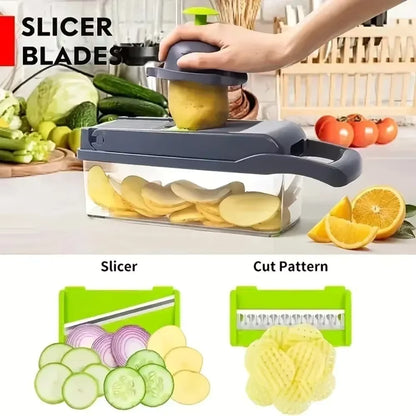Vegetable chopper in use dicing onions using hand guard for safe food prep