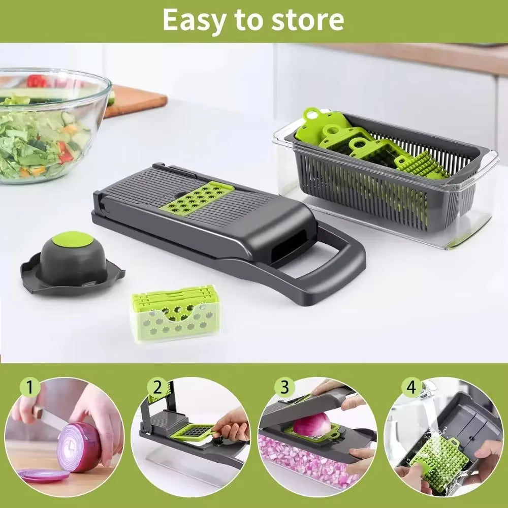 Vegetable chopper with stainless steel blade and clear BPA-free catch container