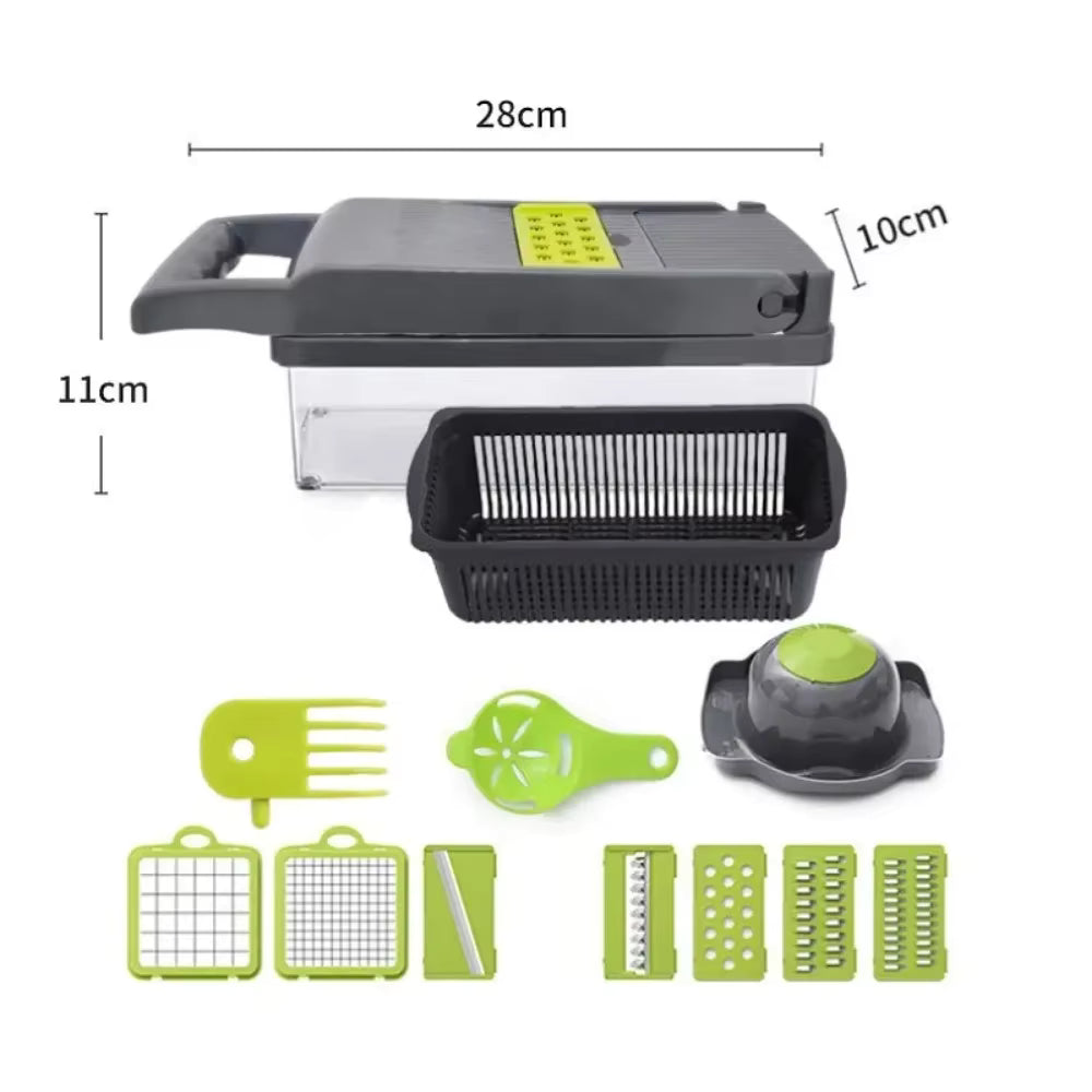 16-in-1 chopper showing julienne slicer, grater, and additional blade accessories