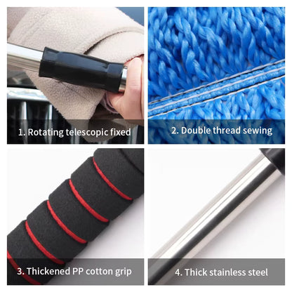 Microfiber car brush in use cleaning car exterior and removing dust without scratching